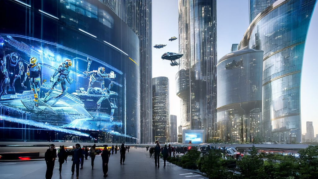 In a futuristic cityscape with towering skyscrapers, employees are using AI technology for customer data collection and analysis to enhance enterprise acquisition efficiency, with a large screen showcasing highlights from the World Humanoid Robotics Games.