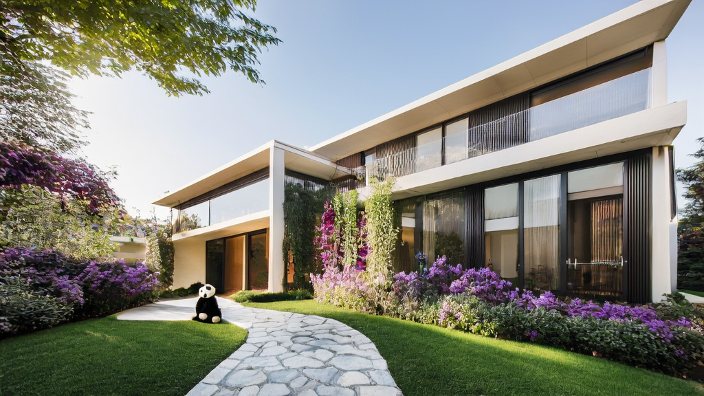 A modern villa bathed in sunlight, surrounded by beautiful natural scenery, with smart devices inside connected to the outside world via AI technology, and a wool felt panda wearing a wide-brimmed hat sitting by the door.