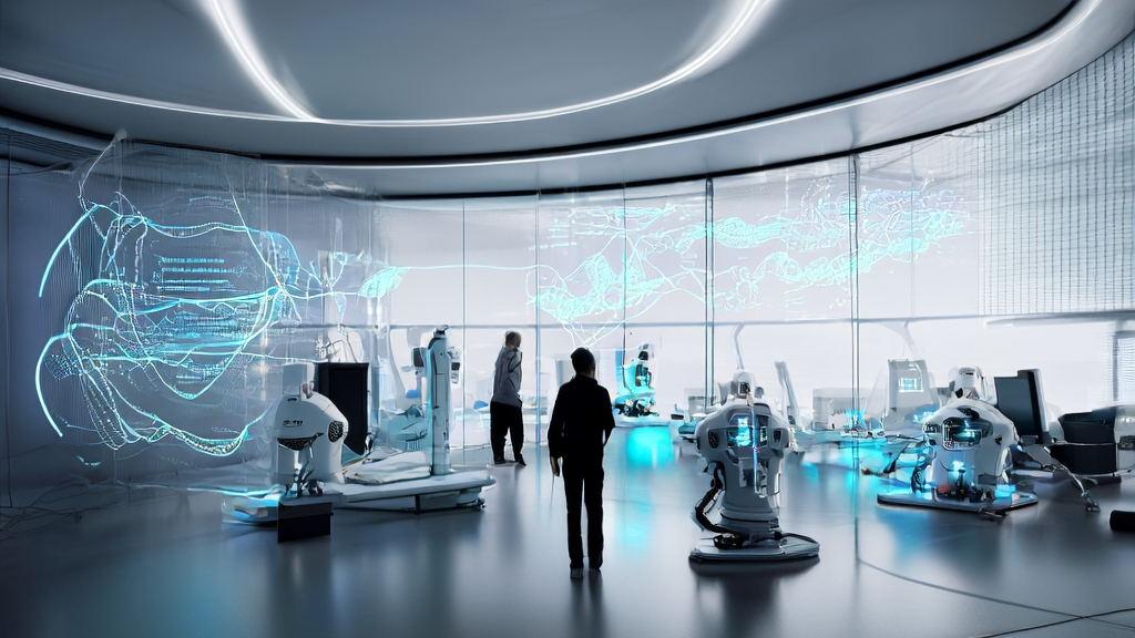 Futuristic tech company studio showcasing the application of AI technology in customer data collection and cleaning