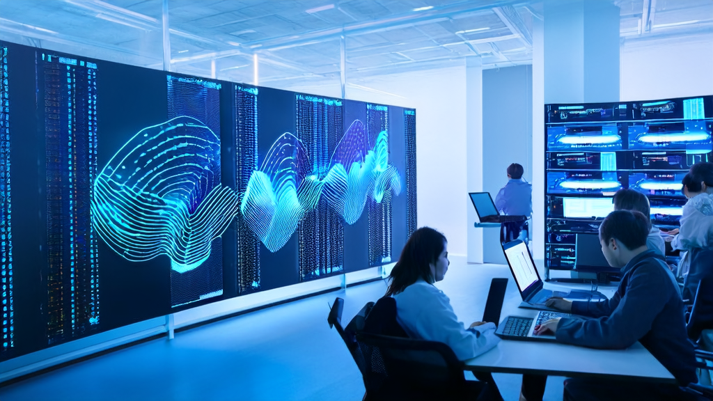 Data scientists using AI technology for customer data collection and cleaning in a modern office