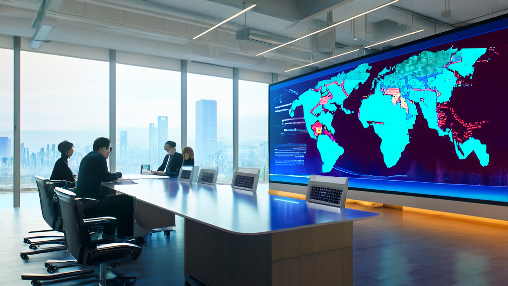 基于AI技术的客户数据采集与清洗服务示意图，展示现代化办公环境中的数据科学家们正在分析全球客户数据