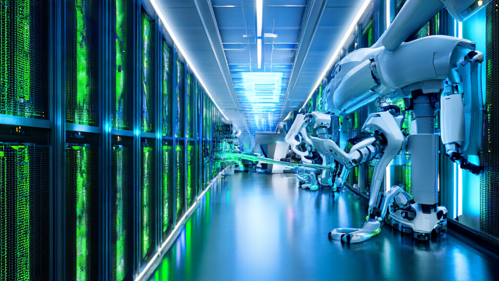 AI robots efficiently collecting and cleaning customer data in a modern data center with DeepConf technology logo on the wall