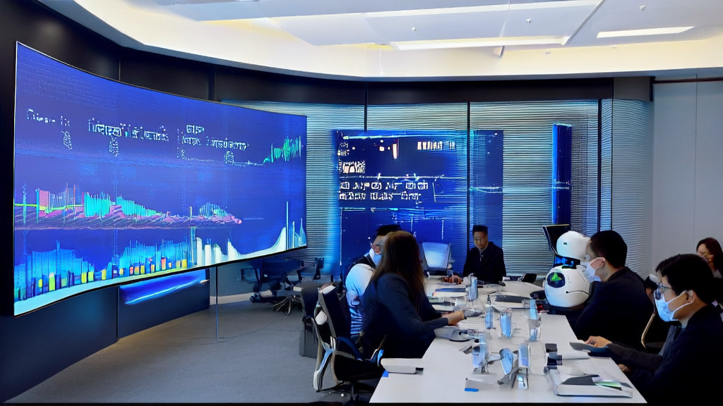 Employees analyze customer data using AI systems, with a robot processing information, showcasing the impact of AI on future business.