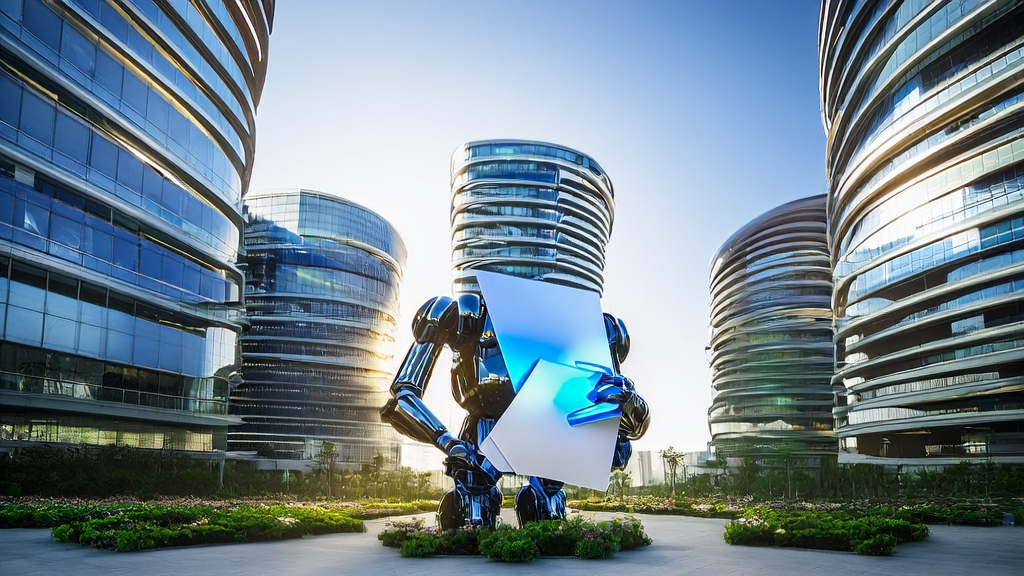 阳光照耀下的现代化办公园区，中央矗立着一个手持邮件信封的智能机器人雕塑，周围是绿树和花丛，象征着中国AI企业在邮件营销领域的创新与发展。