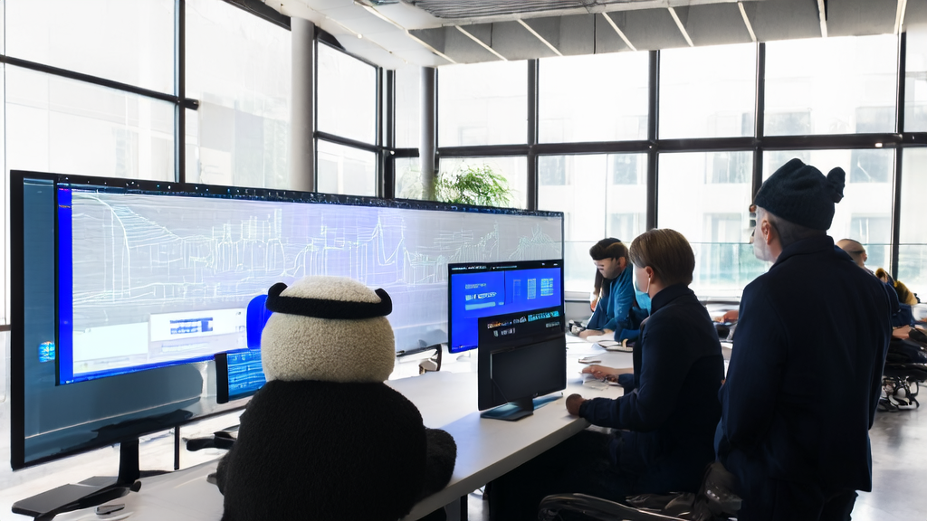 In a modern office, employees are working with AI customer data collection systems and email marketing tools, with a felt panda wearing a wide-brimmed hat in the corner.