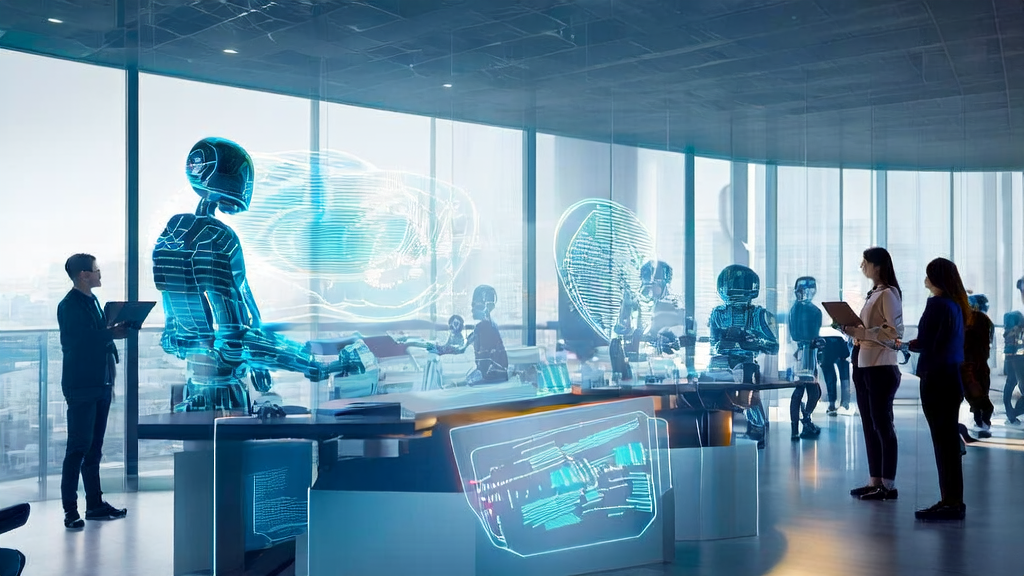 Employees using AI systems for customer data collection and intelligent screening in a modern office