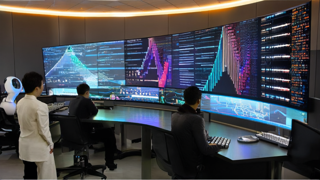 现代化办公室中，数据分析师通过大屏幕监控AI系统实时处理客户数据，展示AI获客和数据分析的强大能力。