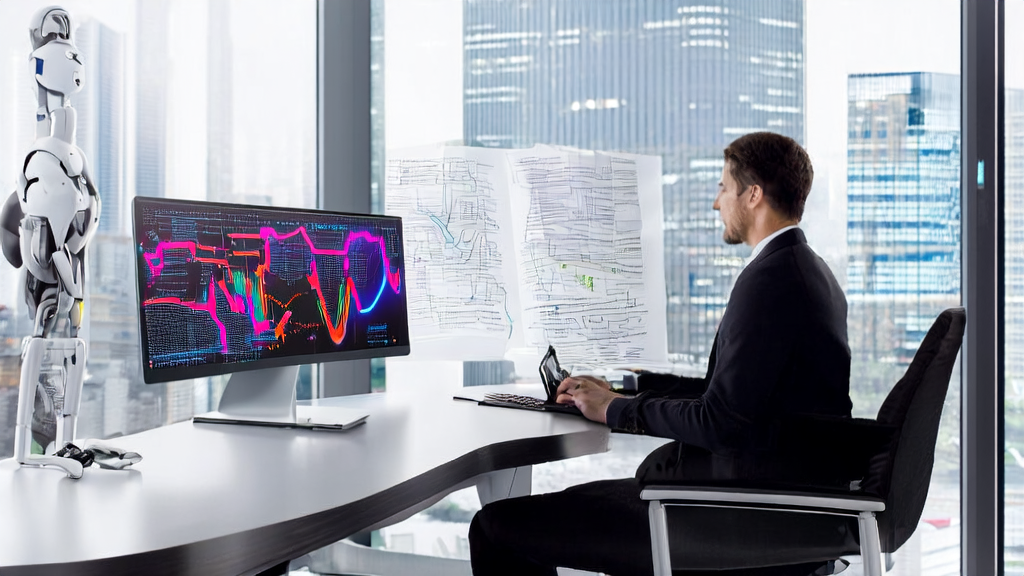 Data analyst using AI for customer data collection and analysis in a modern office