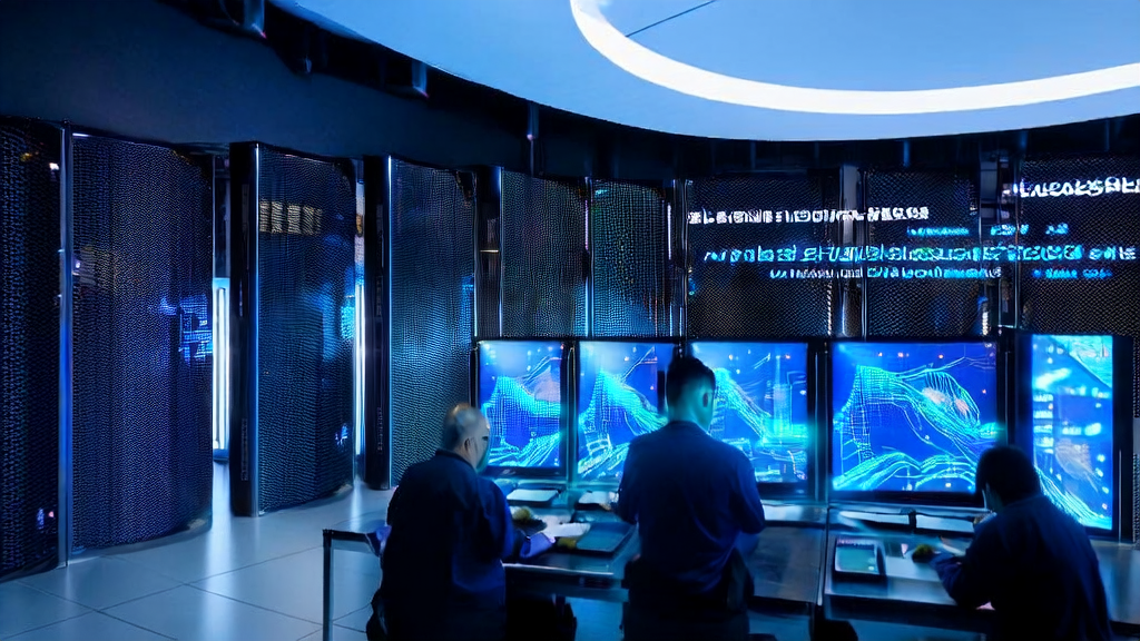 Modern enterprise data center with technicians monitoring AI-based customer data collection and cleaning process