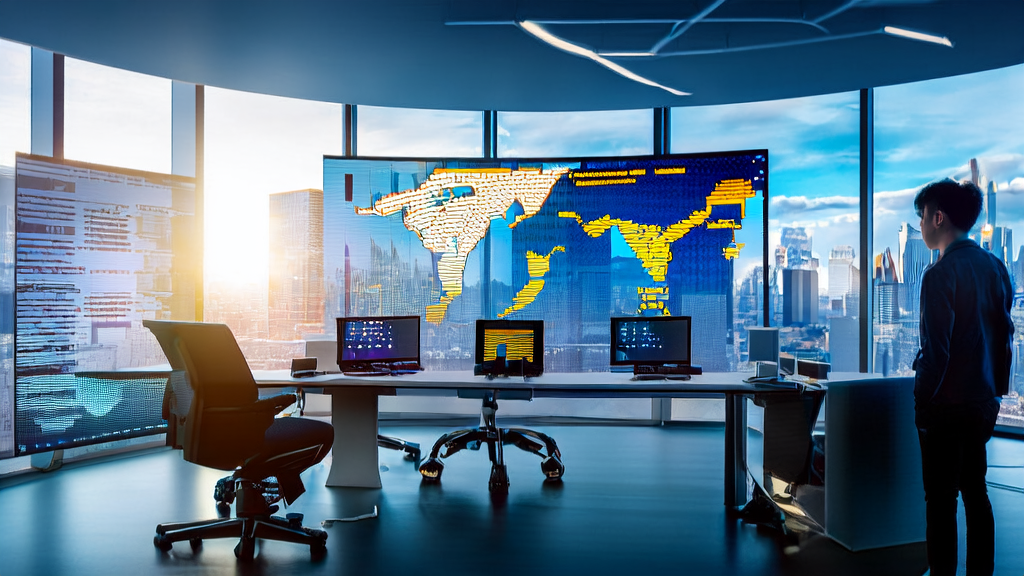 In a modern tech-filled office, programmers are using AI technology to efficiently collect and analyze customer data, particularly focusing on European apparel buyers.