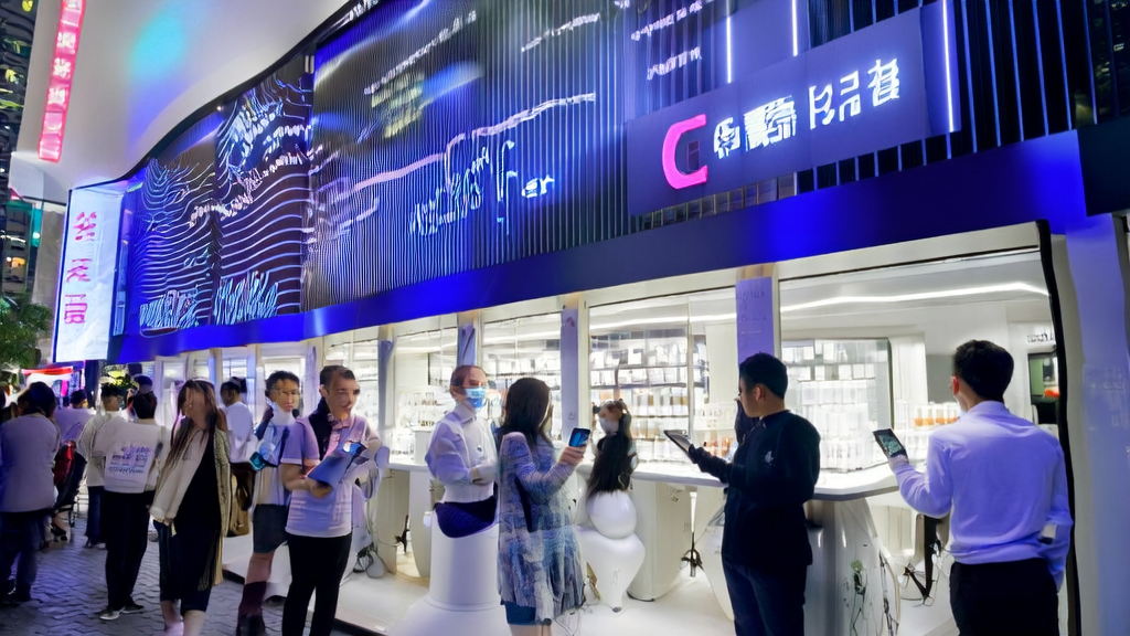 People queue outside a high-tech store to use Alipay's AI skin detection feature, obtaining personalized skin reports and care recommendations.