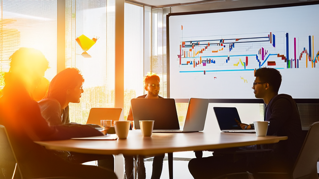 In a bright office, entrepreneurs are discussing AI customer data collection and email marketing strategies, with a video edited by Diffusion Studio Pro playing in the background.