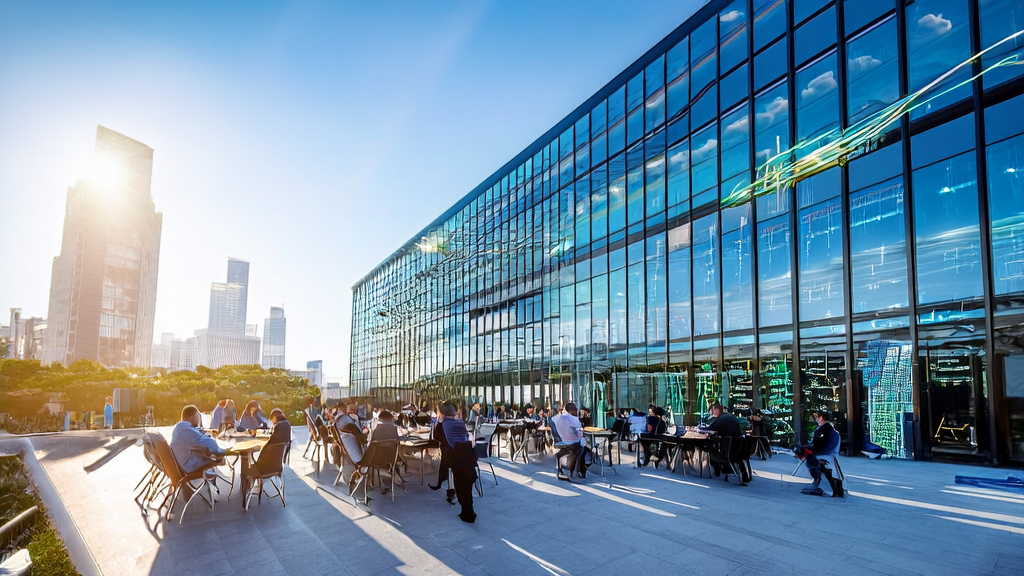 Modern office building in the sunlight, technicians discussing AI customer data collection technology, with a background of busy data streams and complex AI algorithm charts
