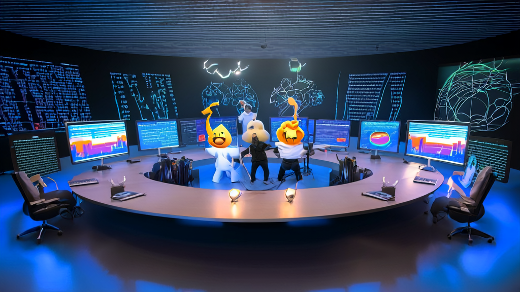 Data scientists gather around computers representing six AI models, celebrating the victory of Doudou and Yuanbao in the college entrance exam math competition, showcasing the application of AI in customer data collection and email marketing.