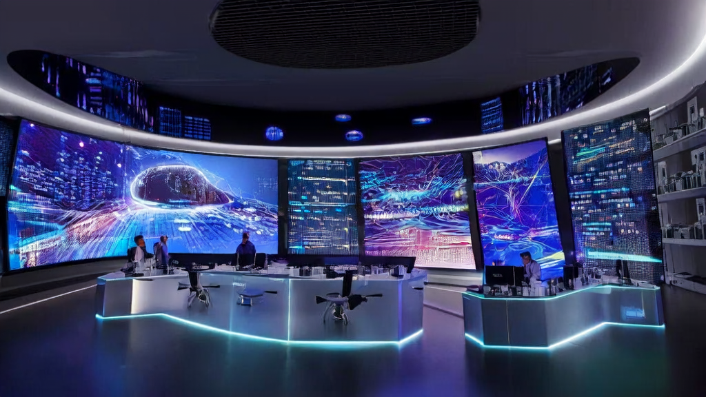 现代化数字营销控制中心，技术人员使用AI工具处理客户数据，展示字节跳动自家Trae工具模型