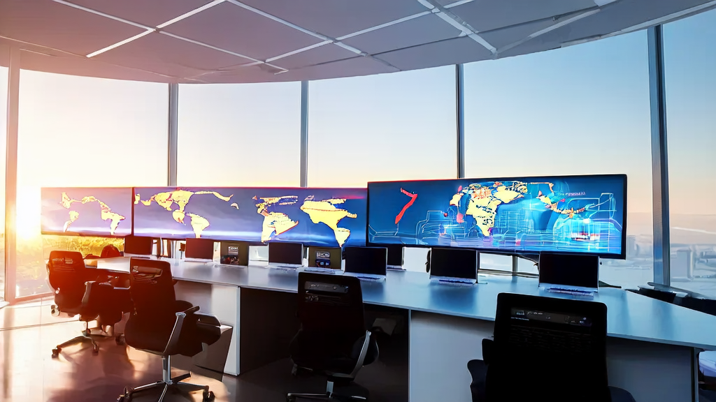 现代化办公室内员工使用通义APP进行跨境客户数据采集和沟通