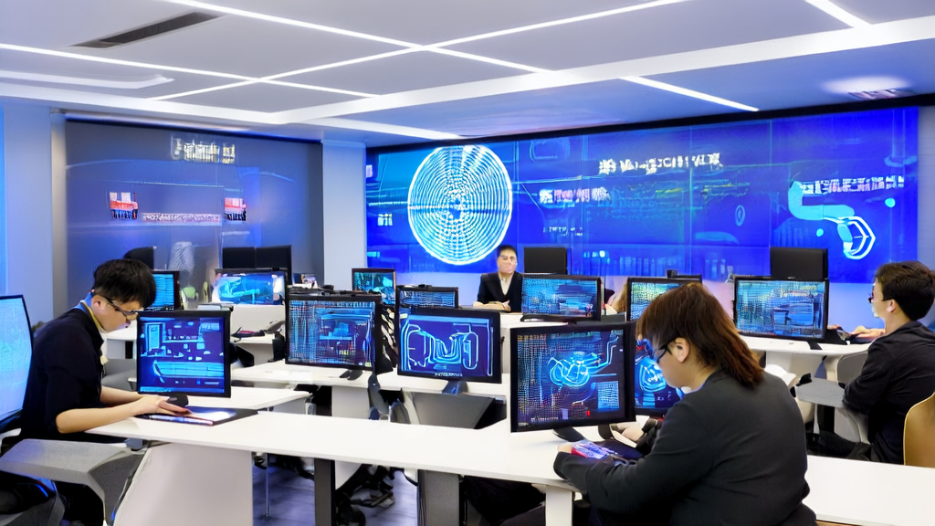 Employees using smart devices for AI customer data collection in a modern office