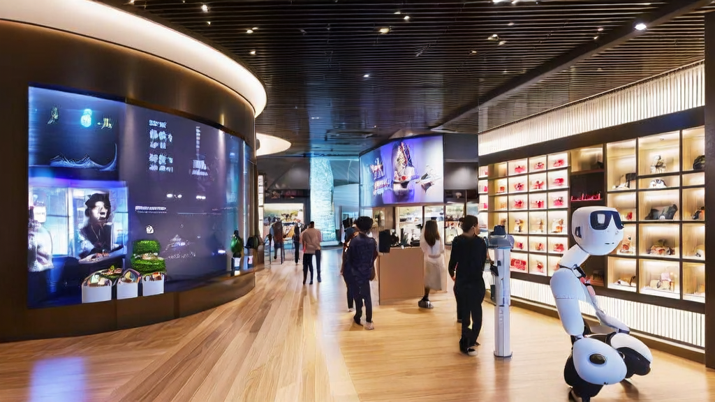 现代零售店内，AI助手机器人与顾客互动，提供个性化购物建议