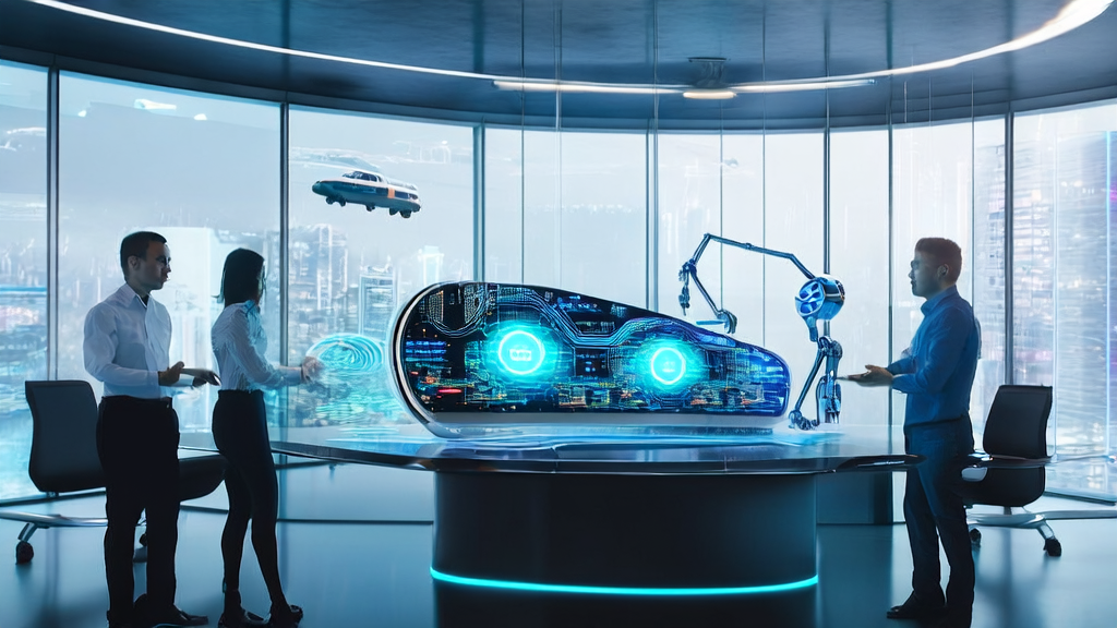 In a futuristic office, engineers are leveraging AI customer data collection technology to optimize marketing strategies.