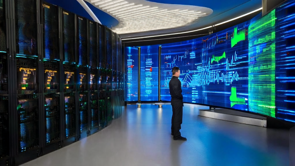 An engineer monitoring an AI customer data collection system on a transparent screen in a data center, showcasing the application of H100 accelerators and the QuACK kernel library