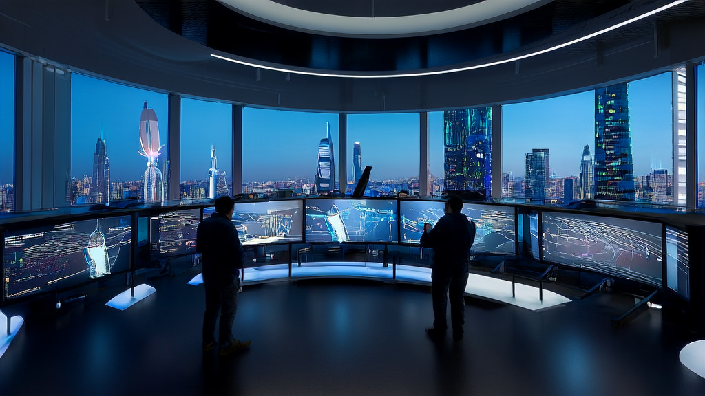 未来城市中的AI客户数据采集系统，工程师们正分析全球客户数据，背景是繁忙的城市和SpaceX火箭发射台。