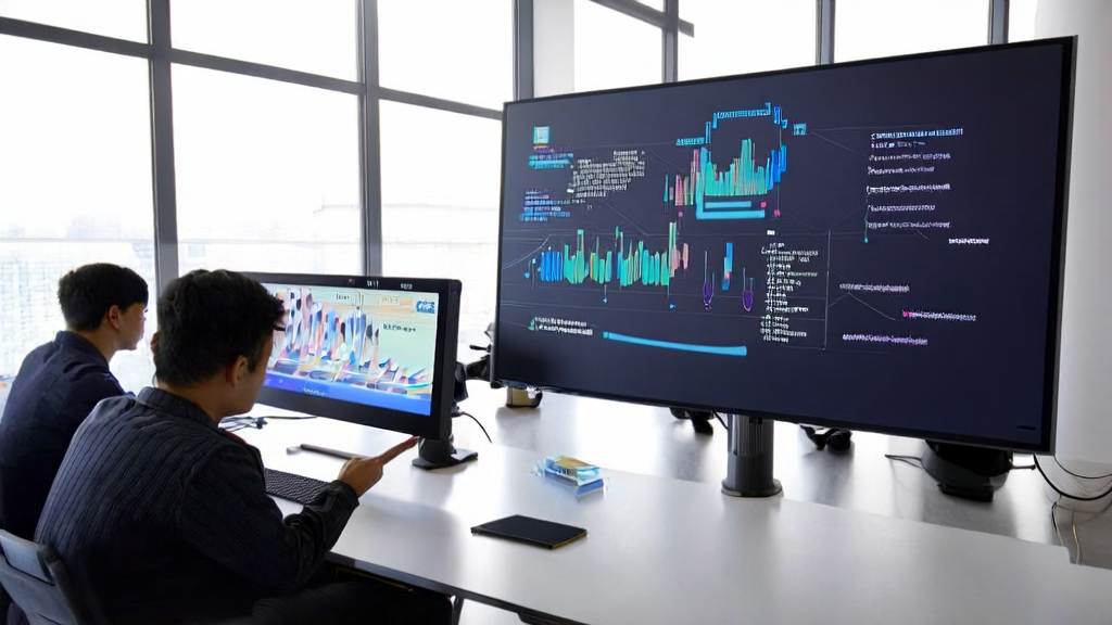 In a bright morning, employees in a modern office discuss AI customer data collection with an Ali Mnn3dAvatar poster on the wall.