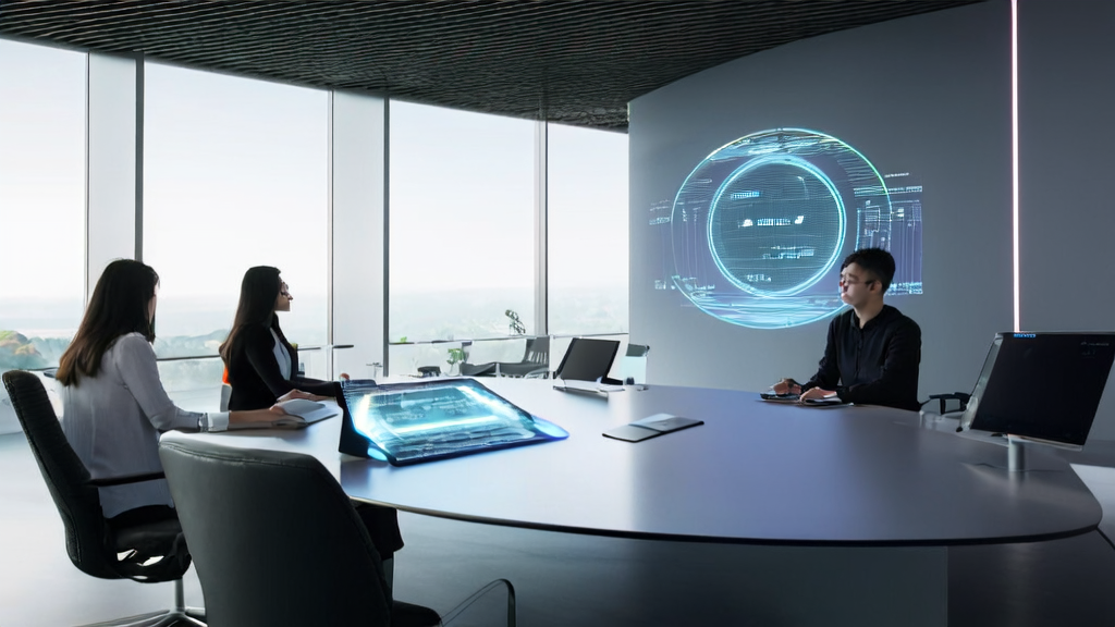 Modern office meeting using AI customer data collection and ChatGPT smart note-taking tool for efficient collaboration