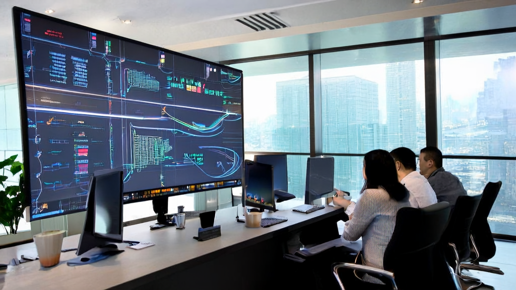 现代办公室内的员工通过AI客户数据采集系统分析客户数据，并准备高转化率的营销邮件。