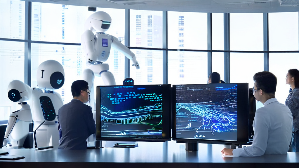 现代化办公室内的员工使用AI客户数据采集系统进行数据分析，智能机器人协助处理日常任务