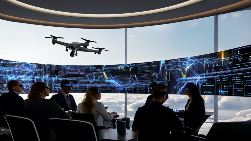 Employees in a futuristic office using AI customer data collection technology for data analysis