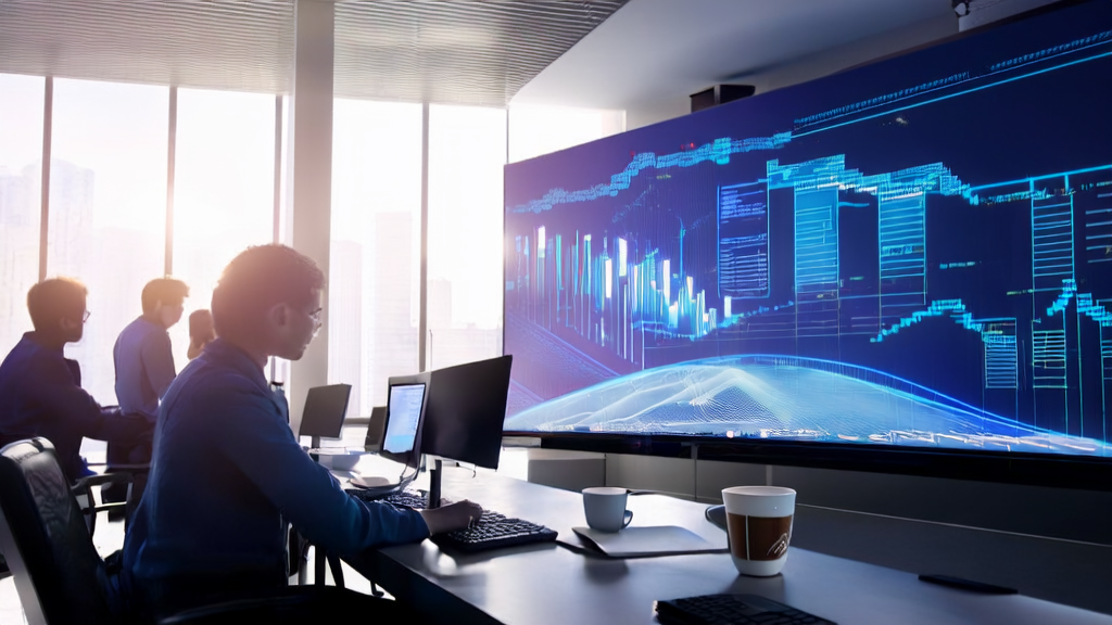 Programmers in a modern office using AI technology for customer data collection and analysis