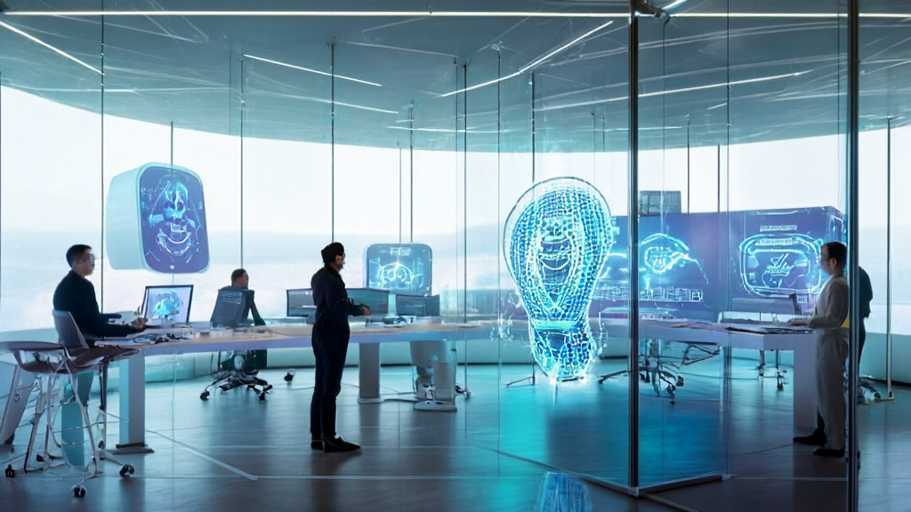 A futuristic office where employees use AI tools to process customer data, showcasing high-conversion email strategies and the nano-banana character's impressive restoration ability.