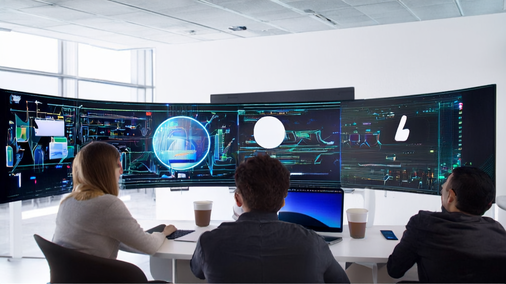 Data analysts using AI technology for customer data collection and analysis in a modern, sunlit office