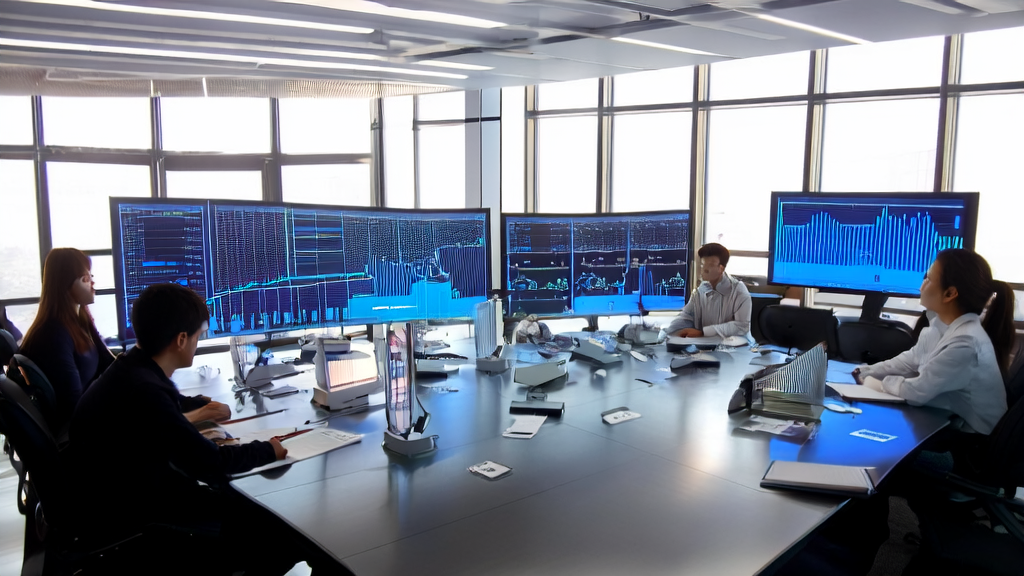 Analysts in a modern office are using AI customer data collection systems for analysis, with a display of Grok's new advanced file editor nearby.
