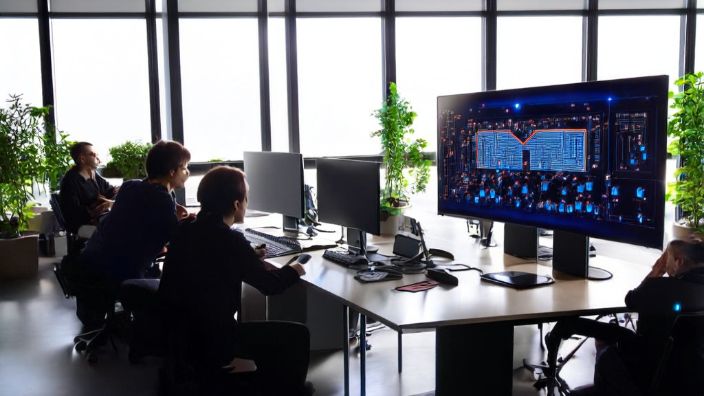 In a modern office bathed in sunlight, engineers are discussing AI customer data collection technology on a computer running the Youtu-Agent framework.