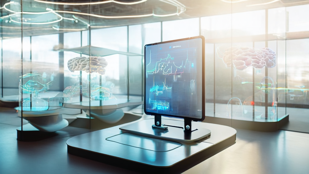 A futuristic office scene showcasing AI customer data collection technology, including the offline operation of super-small AI models ChickBrain and SuperFly on an Apple Watch.