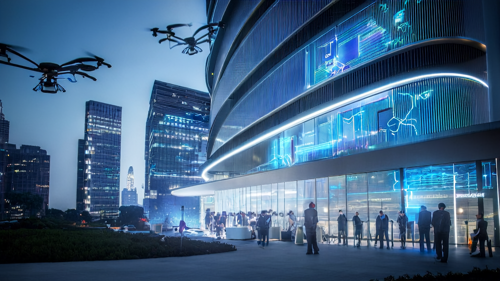 In a futuristic city, a data analyst interacts with an AI assistant via a transparent touchscreen, showcasing customer data analysis and MaskSearch technology