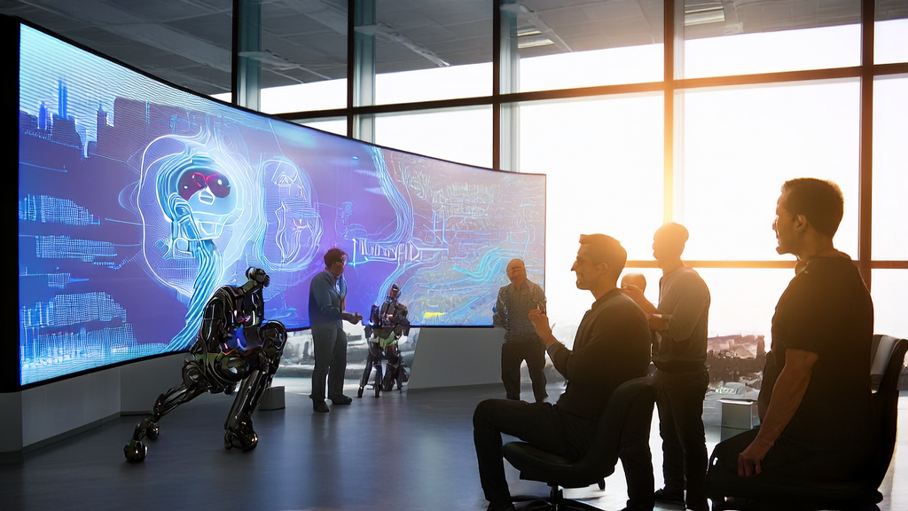 Engineers discussing Gemini's debugging failure in an office with a portrait of Musk on the wall