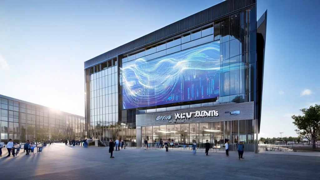 In a modern office building, employees use smart devices to process customer data, with a display showing AI-driven sales automation and a signboard for Clay, the sales automation unicorn.