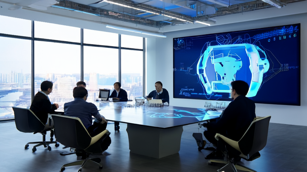 In a modern office, engineers are using Tencent's black technology for AI customer data collection, with a robot delivering stories in natural speech, showcasing the potential of future marketing revolution.