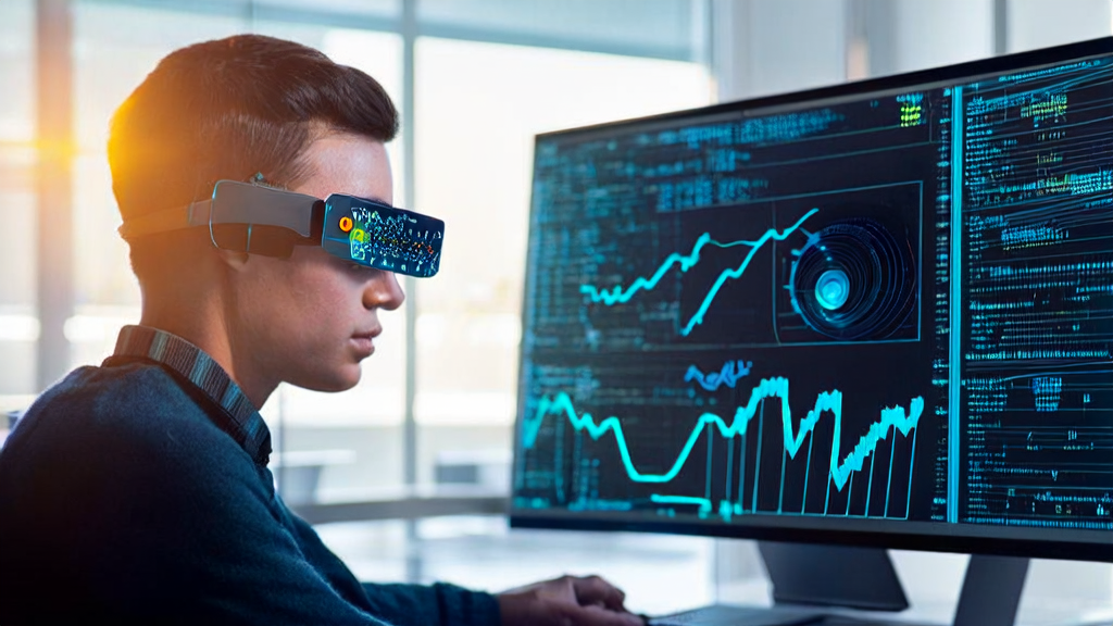Smart glasses displaying customer data analysis with Qualcomm AR1+ Gen 1 processor in a modern office setting
