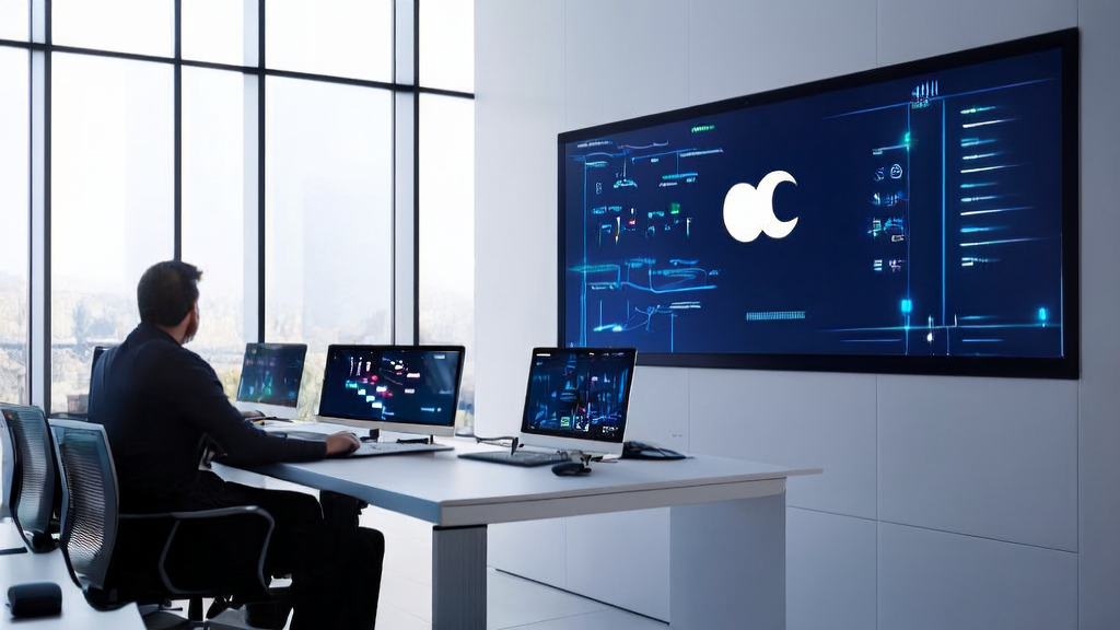 A modern office environment showcasing Xcode's native integration with Claude AI, where programmers are efficiently processing customer data
