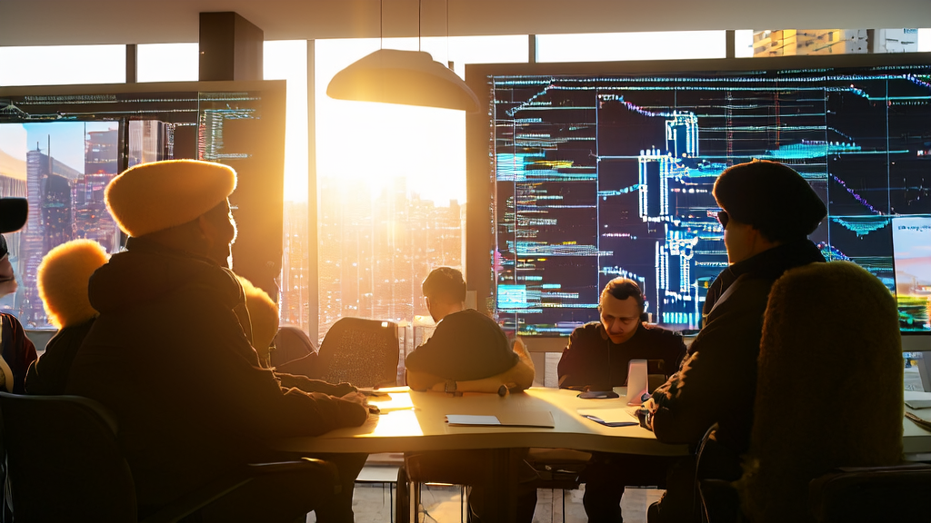 In a sunny office, engineers are discussing AI algorithms for optimizing customer data management, with a bustling city view outside the window