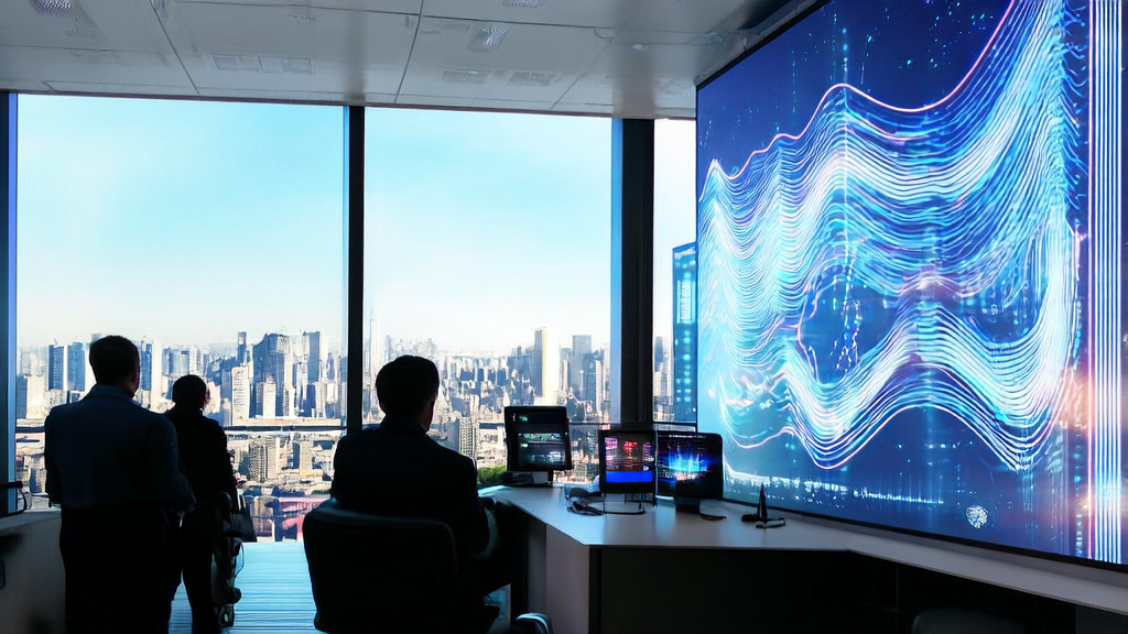 Modern office scene using AI technology for efficient customer discovery and targeted marketing