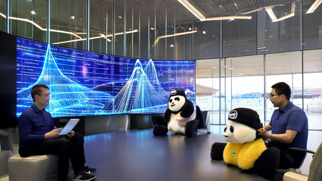 In a modern office, employees analyze data using an AI customer discovery system, with the latest Aider Leaderboard results displayed on the background screen and the Kimi K2 panda mascot assisting.