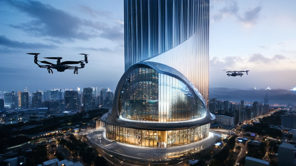 未来城市的高科技大厦中,工作人员利用脑机接口与AI系统互动,分析全球市场数据,展示2025年跨境电商的增长预测和客户挖掘模型。