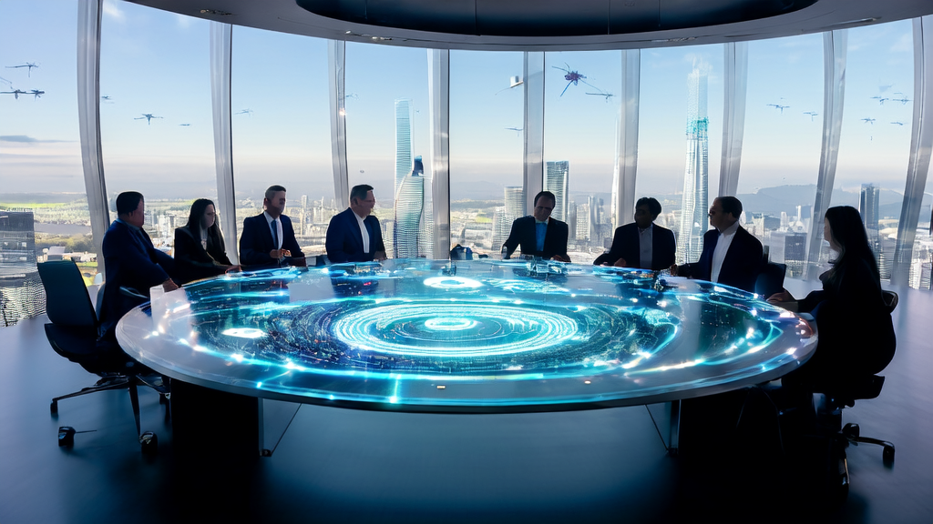 未来城市中的高科技会议室，商人们正围绕AI客户预测模型和微软VibeVoice-Realtime-0.5B语音模型进行讨论，探讨跨境电商的新趋势。