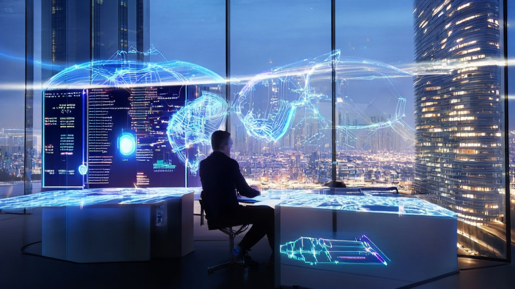 展示AI客户预测模型与个性化邮件营销结合的未来城市办公场景