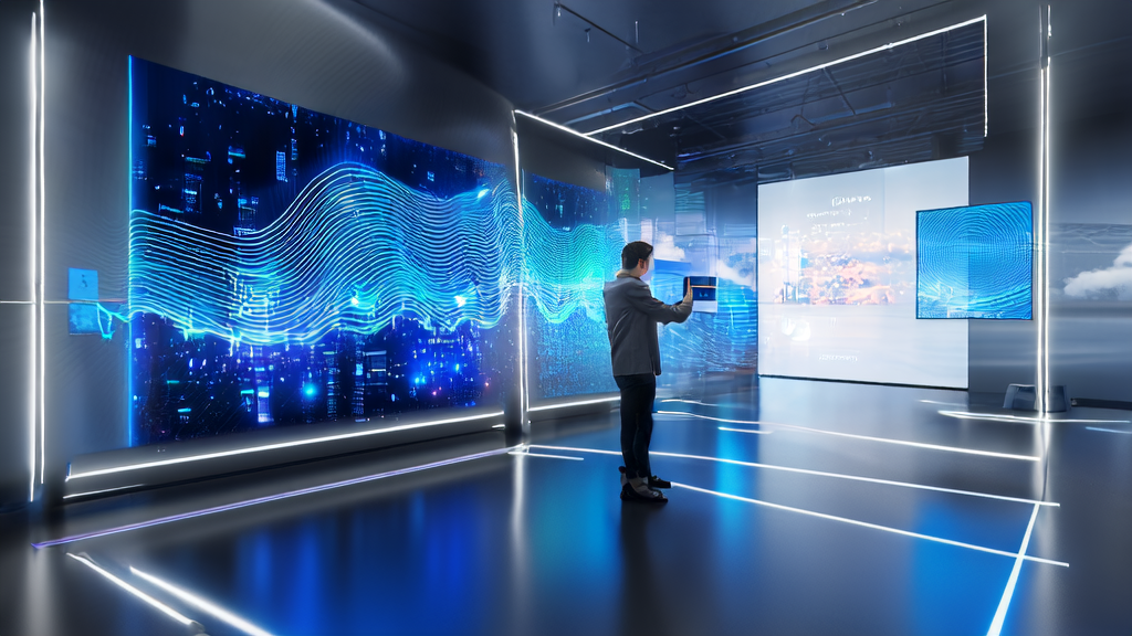 2025年未来办公室中，创业者使用AI客户预测模型分析数据，旁边放置亚马逊Kindle Translate设备