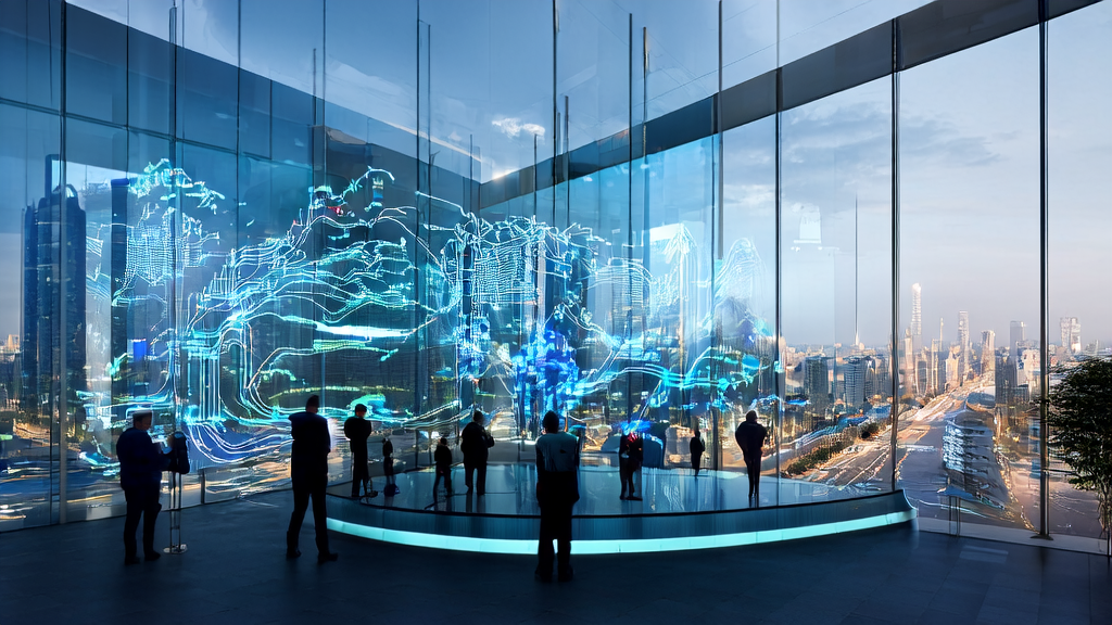 未来城市办公室中工作人员使用AI客户预测模型进行数据分析